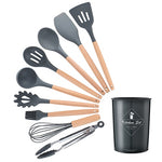 9/10/12PCS Silicone Cooking Utensils Set Non-stick Spatula Shovel Wooden Handle Cooking Tools Set With Storage Box Kitchen Tools